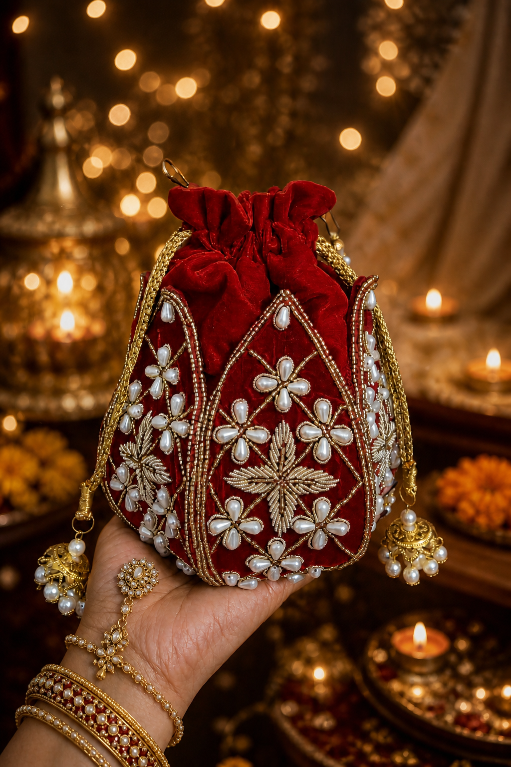 Silk Lotus Potli Bag (RED)