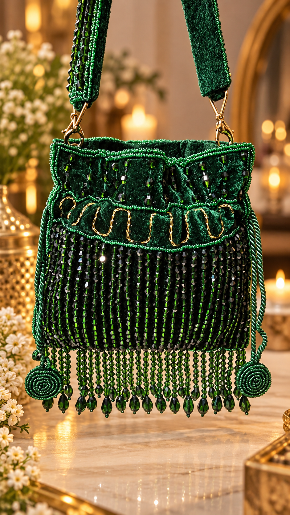 Emerald Luxe Beaded Mini Potli Bag