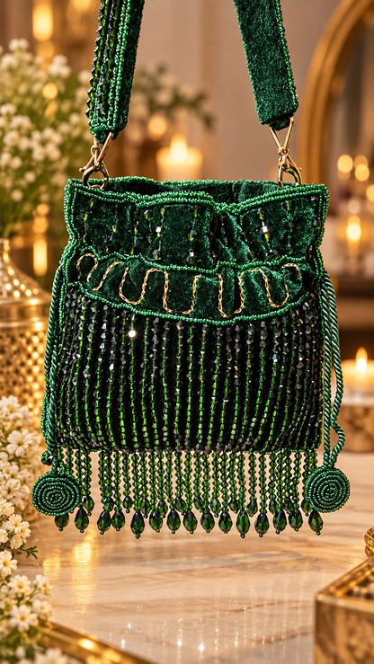 Emerald Luxe Beaded Mini Potli Bag