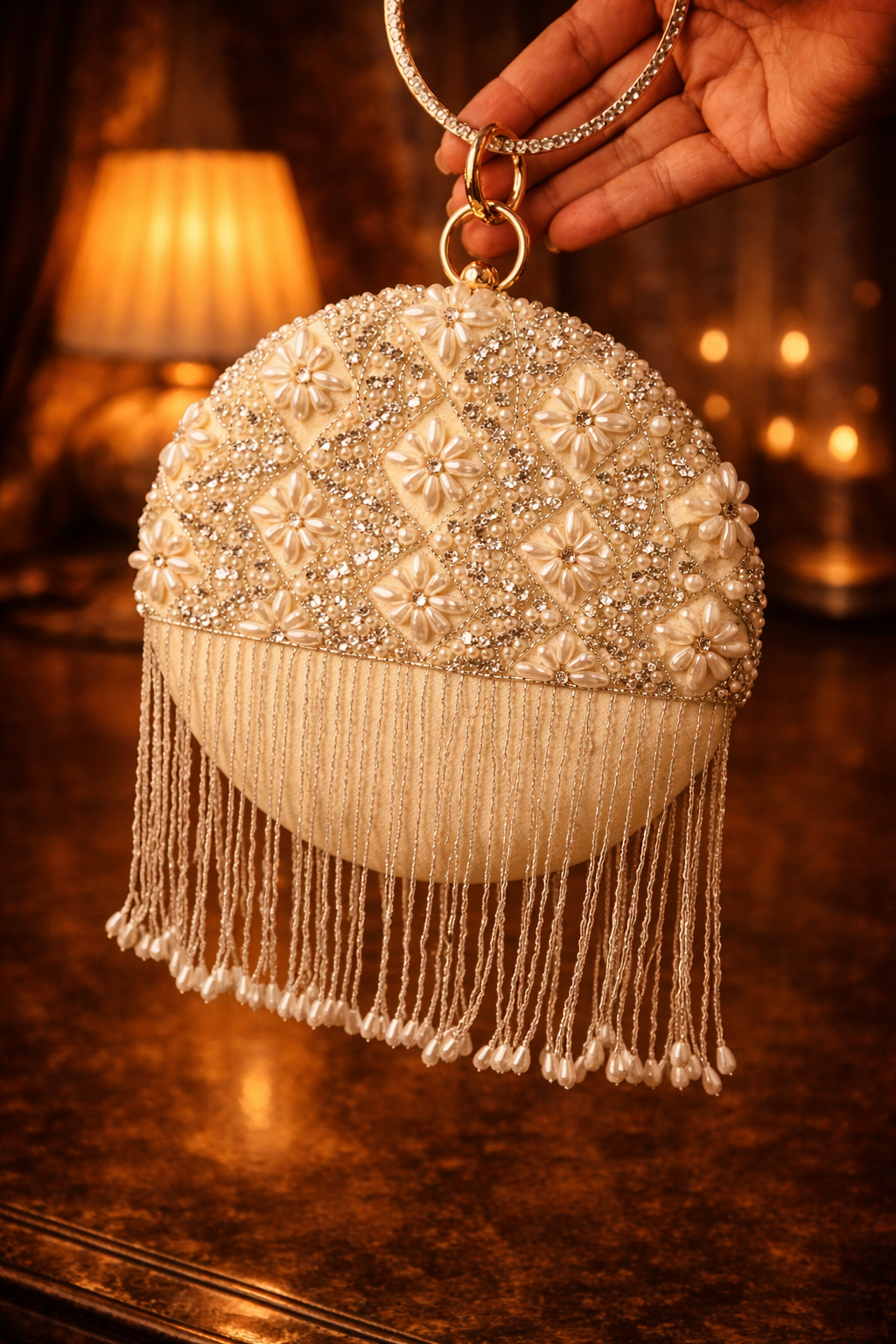 Embroidered Round Clutch with tassels