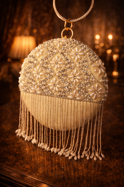 Embroidered Round Clutch with tassels