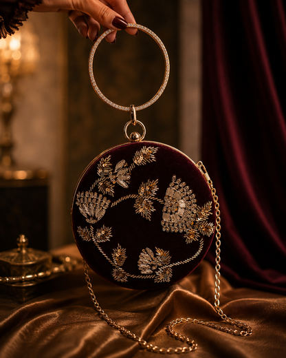 Round Embellished Velvet Clutch – Wine