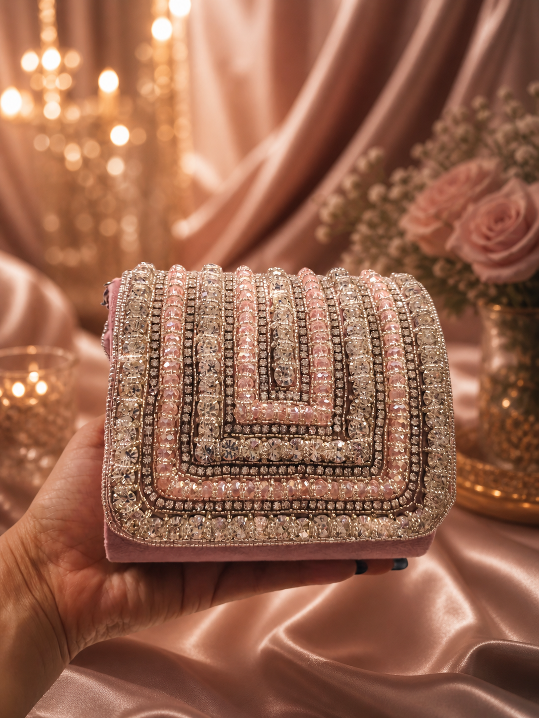 Embellished blush-toned Crystal Statement Bag