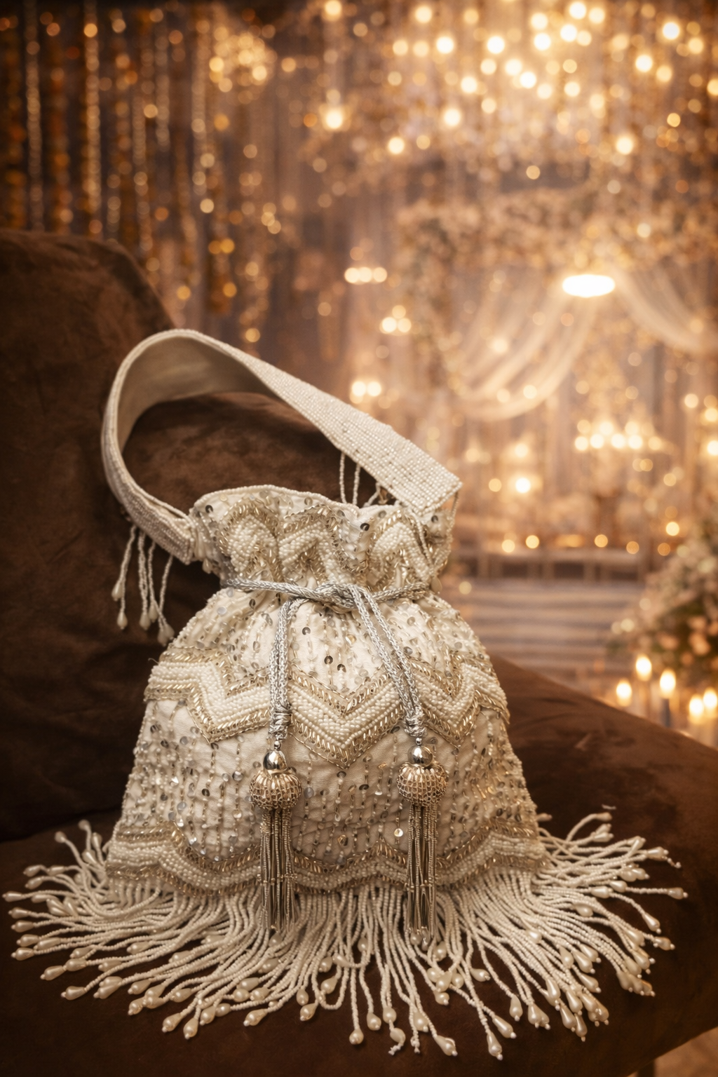 White & Silver Embellished Potli Bag