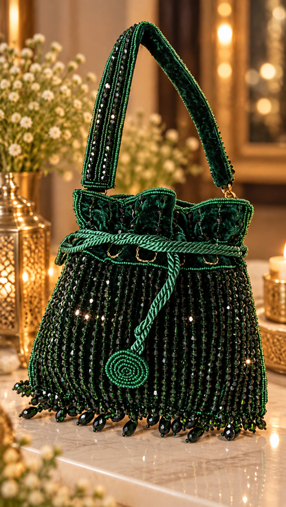 Emerald Luxe Beaded Mini Potli Bag