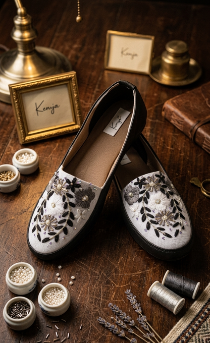 Black & White Floral Embroidered Slip-Ons