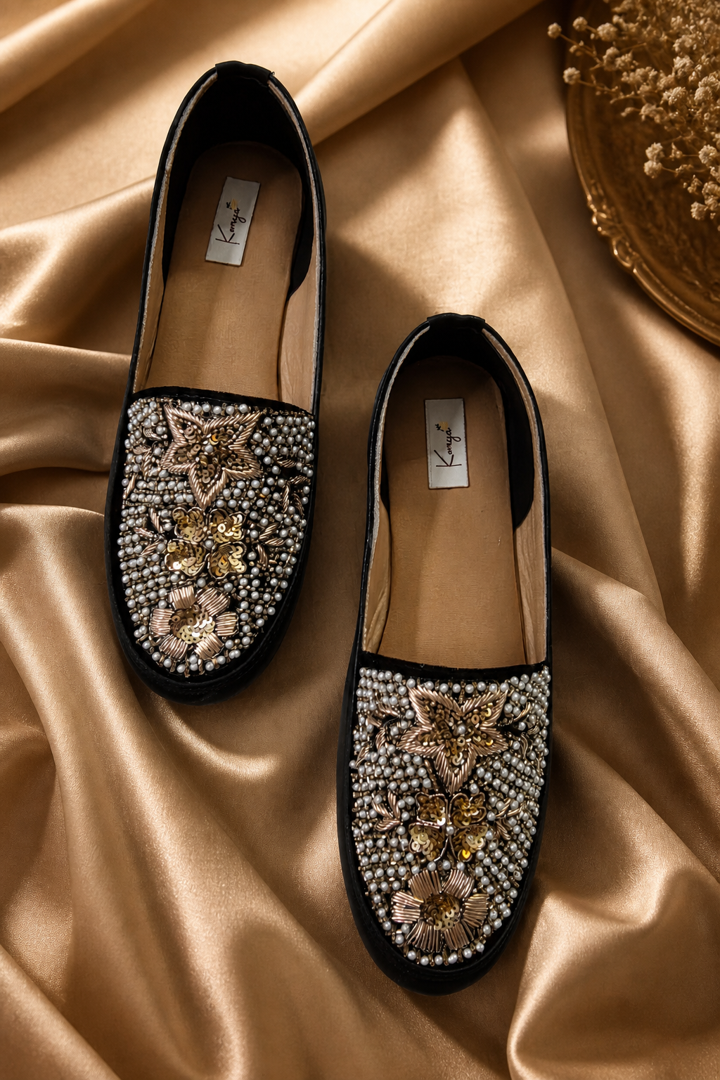 Royal Pearl Black Embellished Slip-On Shoes