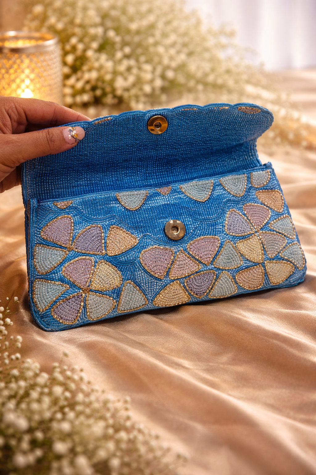 Azure Petal Hand-Beaded Envelope Clutch