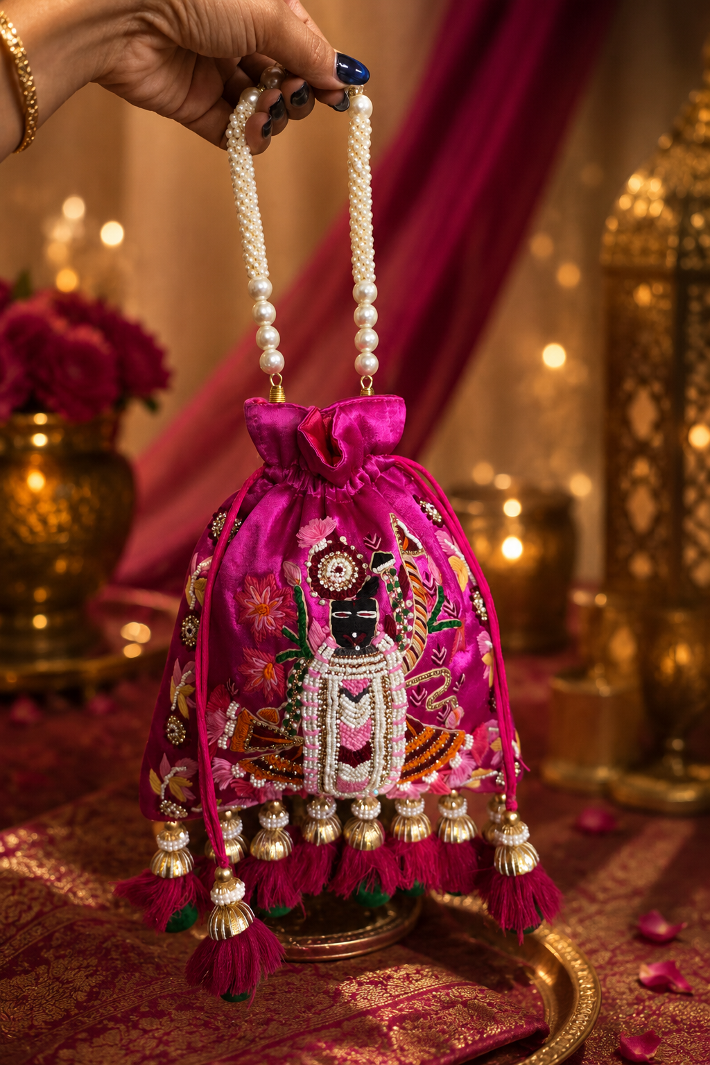 Rani Pink Shreenathji Embroidered Potli