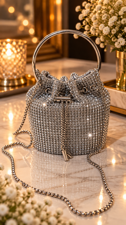 Silver Crystal Luxe Bucket Bag