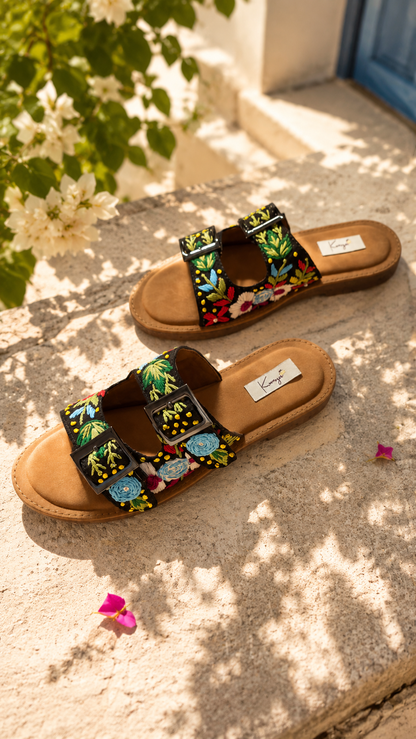 Black Bloom Embroidered Slides