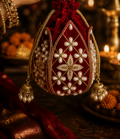 Silk Lotus Potli Bag (RED)