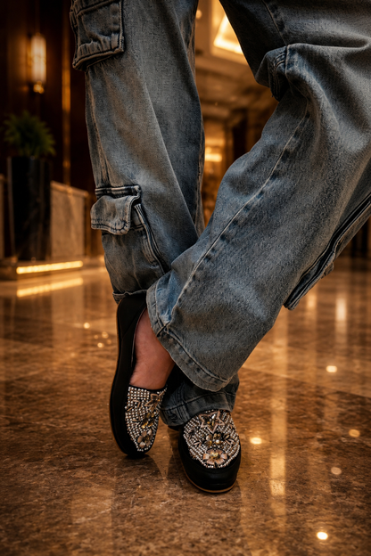 Royal Pearl Black Embellished Slip-On Shoes