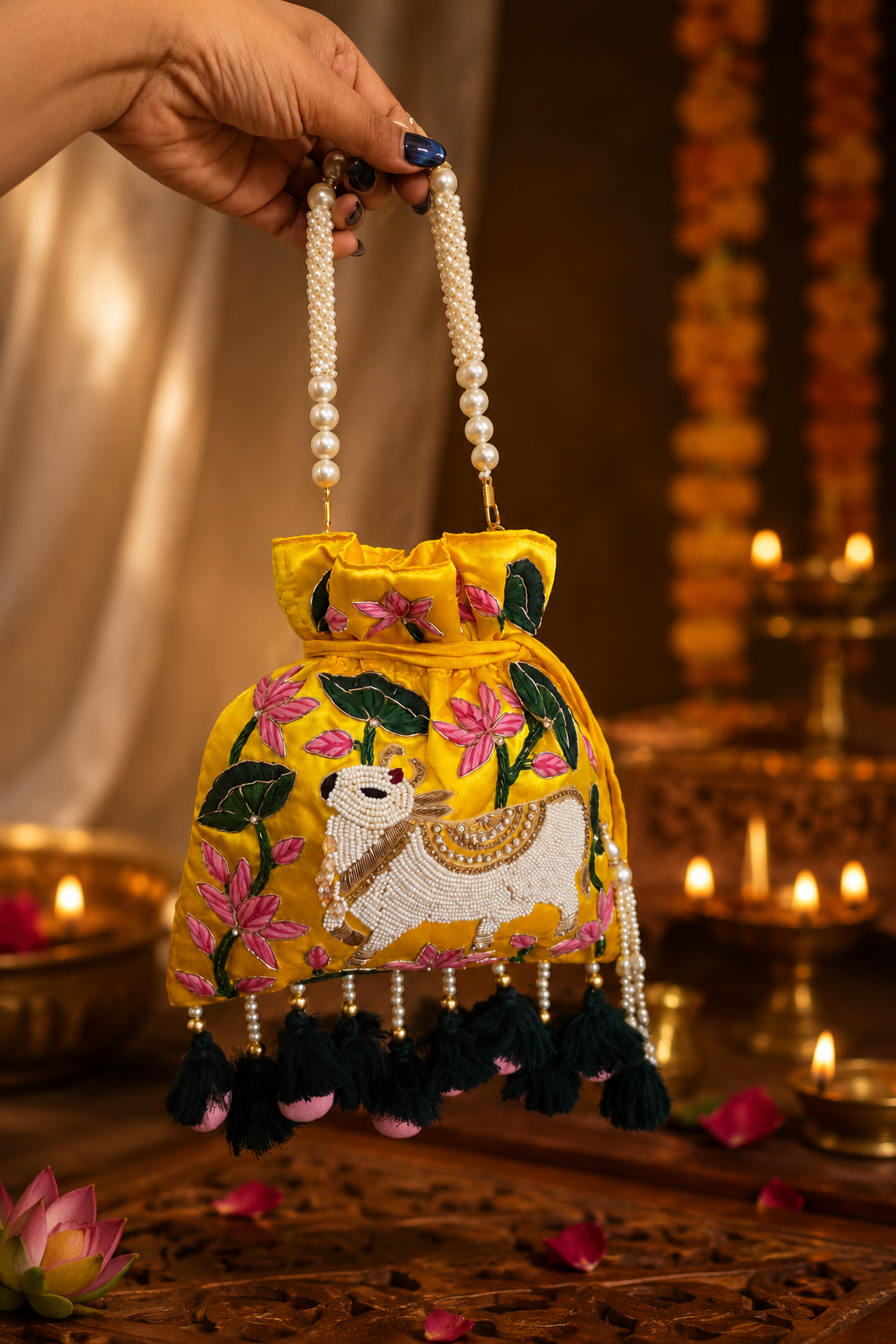 Pichwai Yellow Potli Bag