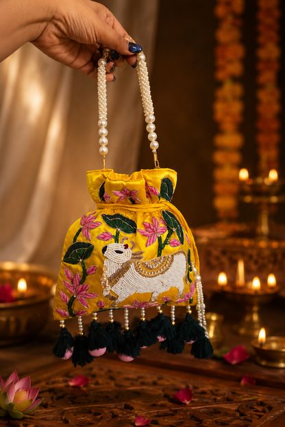 Pichwai Yellow Potli Bag