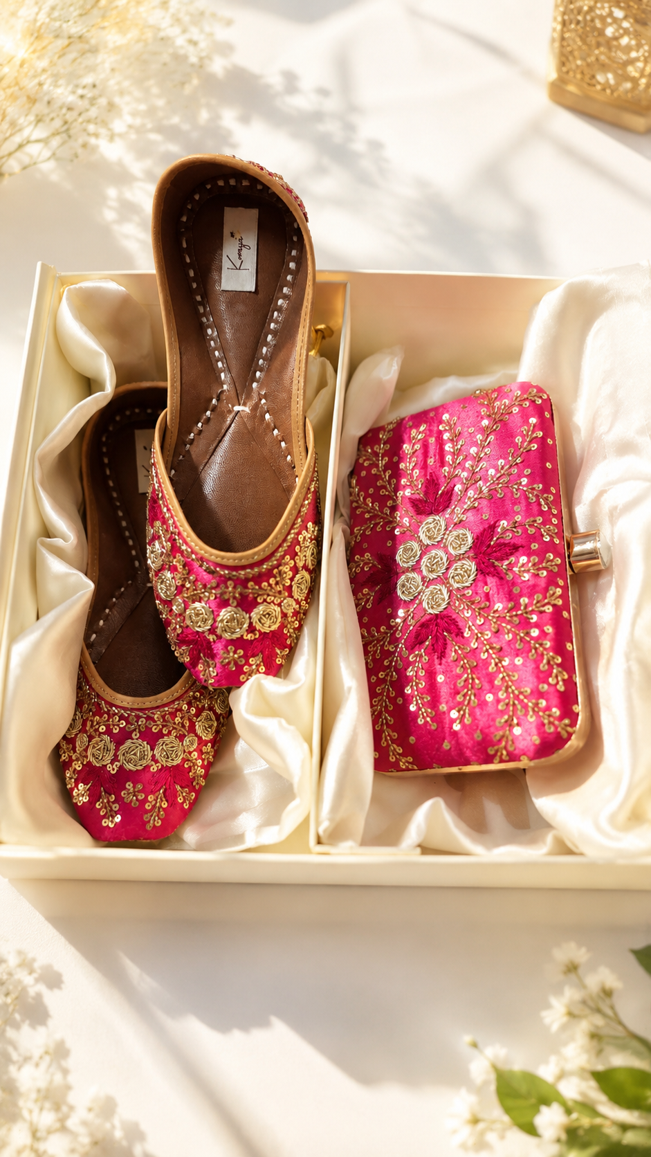 Rani Pink Zardozi Jutti & Clutch Bag Combo