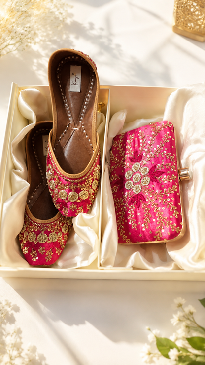 Rani Pink Zardozi Jutti & Clutch Bag Combo