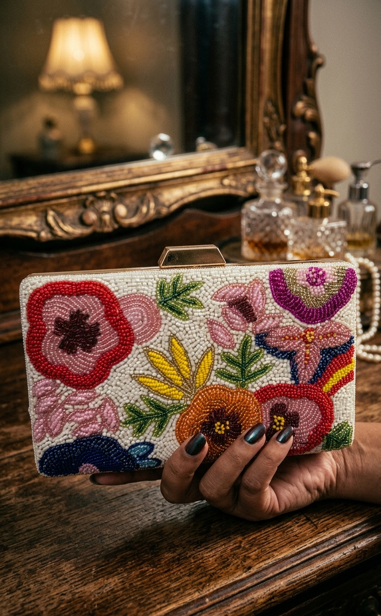 Bloom Hand-Beaded Clutch Bag- White