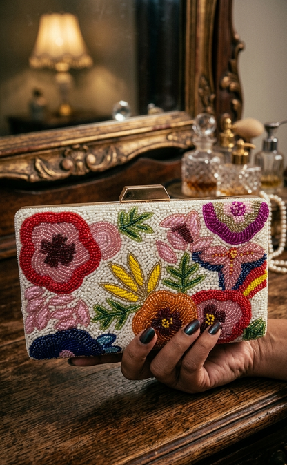 Bloom Hand-Beaded Clutch Bag- White