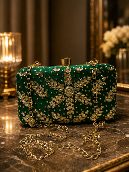 Green Embroidered Party Clutch