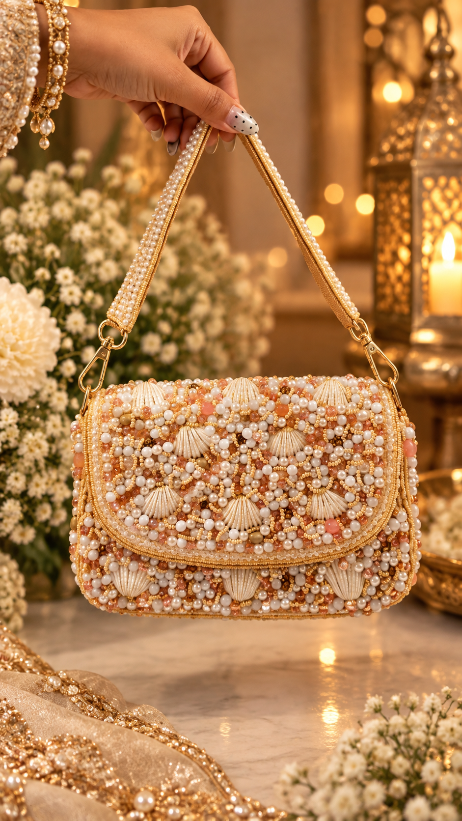 Pearl Shell Cascade Embellished Handbag- gold