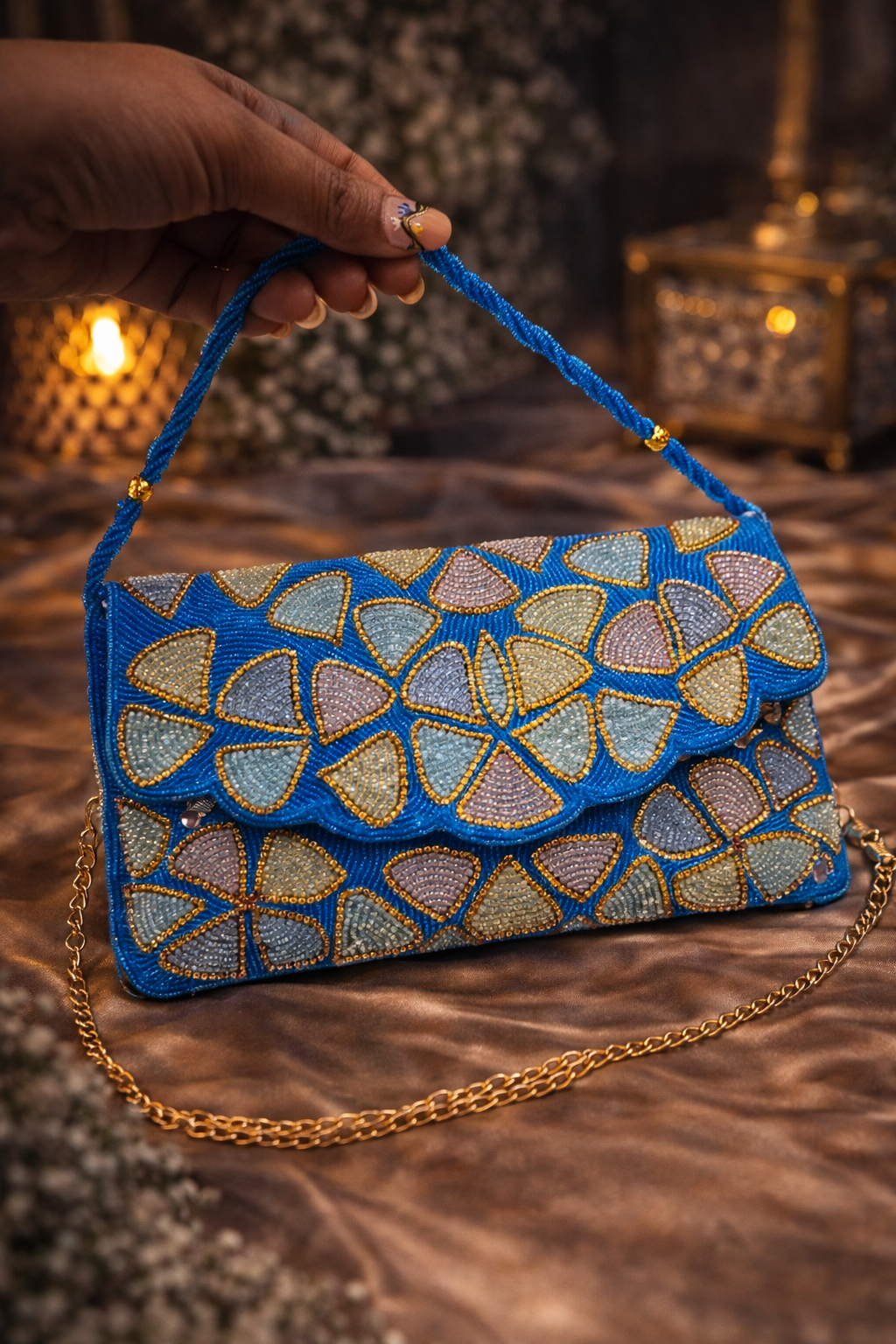 Azure Petal Hand-Beaded Envelope Clutch