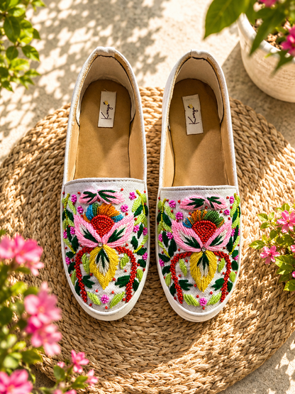White Handcrafted Embroidered Slip-On Shoes
