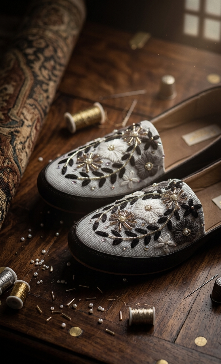 Black & White Floral Embroidered Slip-Ons
