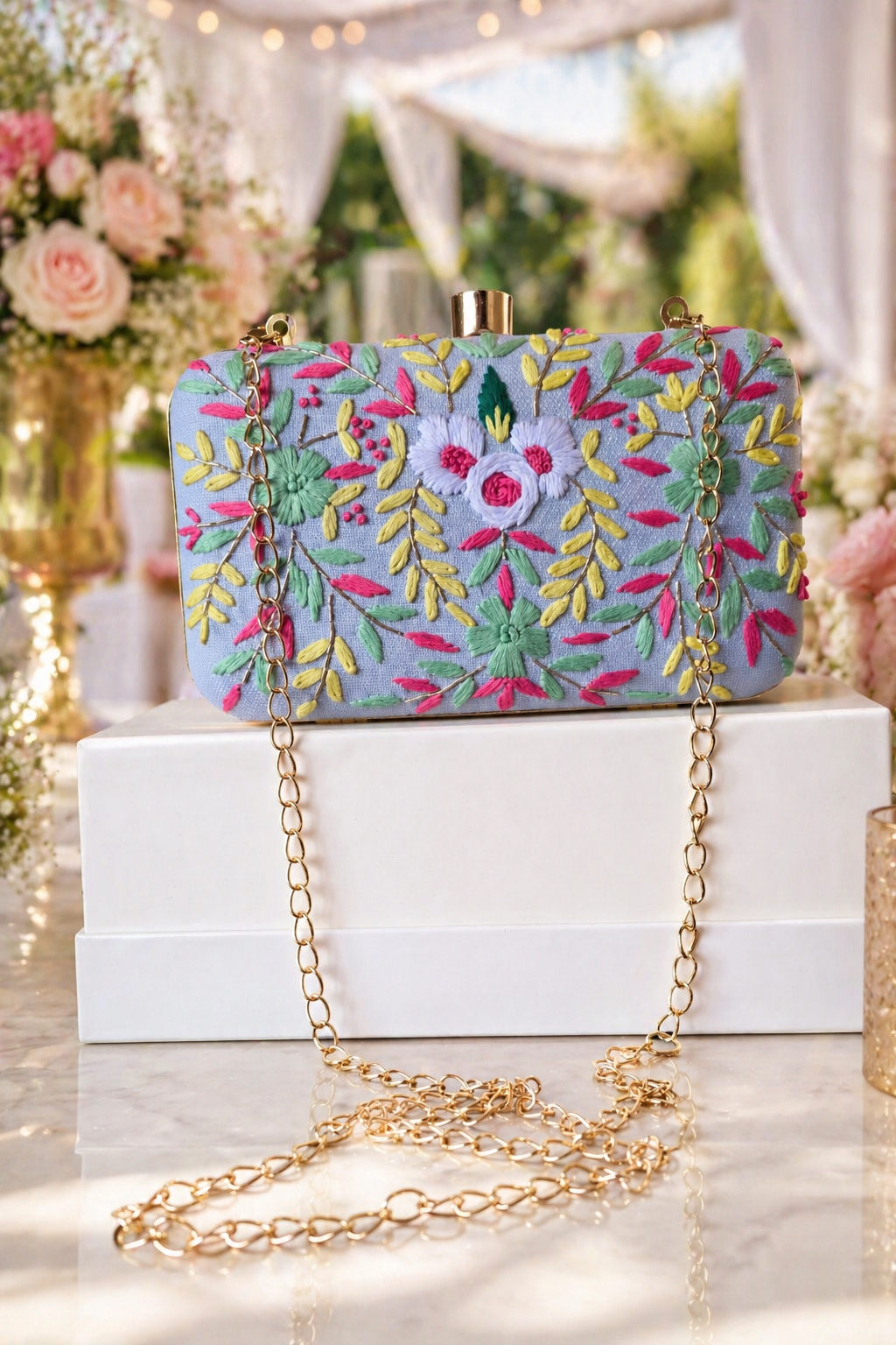 Pastel Bloom Embroidered Jutti & Clutch Bag Combo
