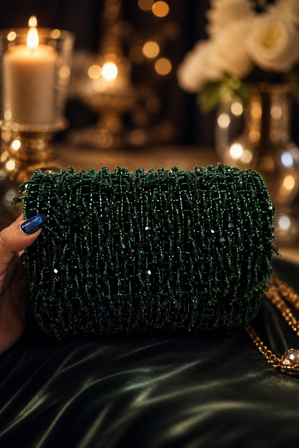 Green Emerald Beaded Shoulder Bag