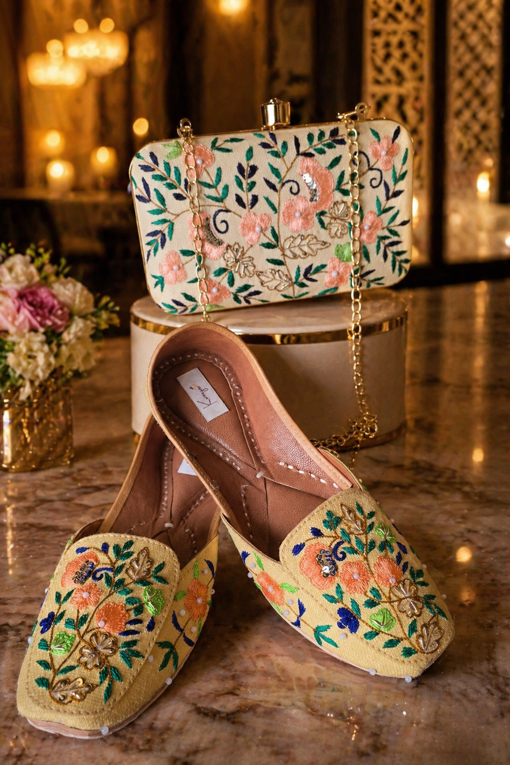 Mustard Beige Floral Jutti & Clutch Set