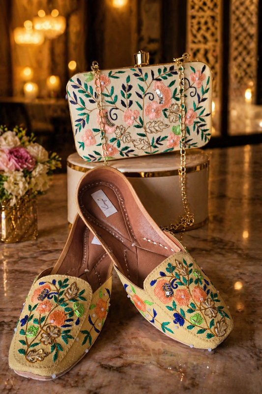 Mustard Beige Floral Jutti & Clutch Set