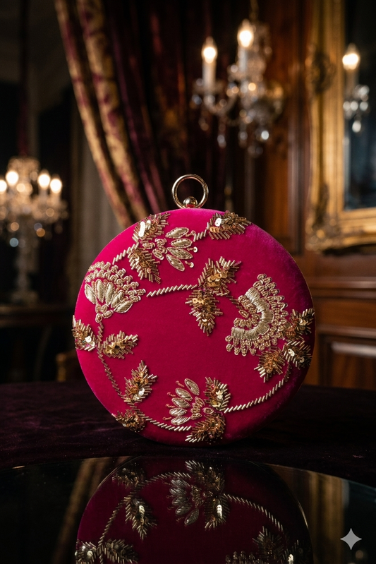 Round Embellished Velvet Clutch – Pink
