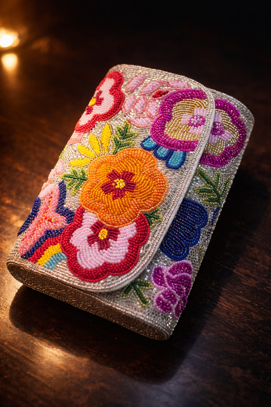 Silver Floral Hand-Beaded Shoulder Bag