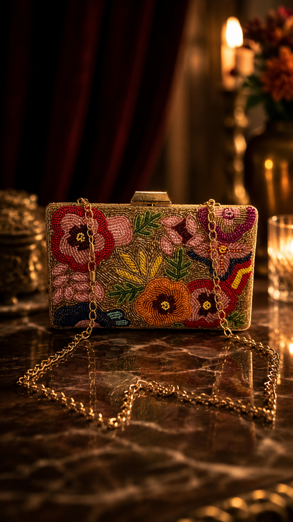 Floral Beaded Evening Clutch- Gold