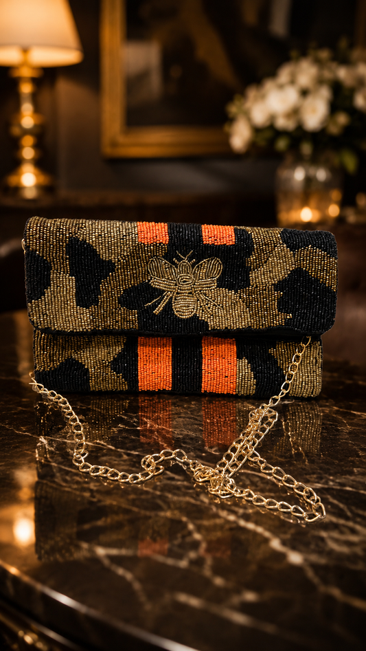 Midnight Bee Beaded Clutch