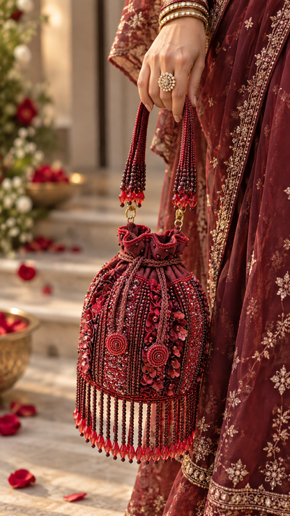 Crimson Royale – Hand-Embellished Beaded Potli Bag
