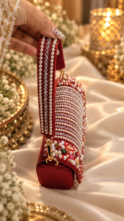 Ruby Royale – Handcrafted Pearl & Beaded Embellished Handbag