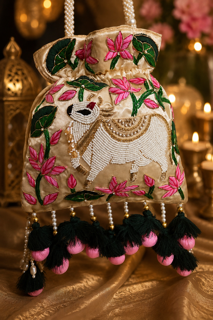 Pichwai ivory gold Potli Bag