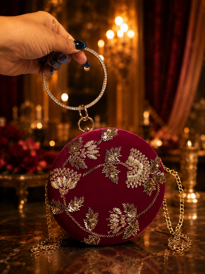 Round Embellished Velvet Clutch – Pink