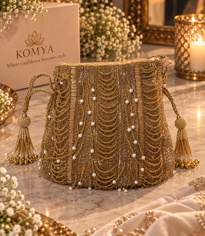 Golden Pearl Cascade Handcrafted Potli Bag