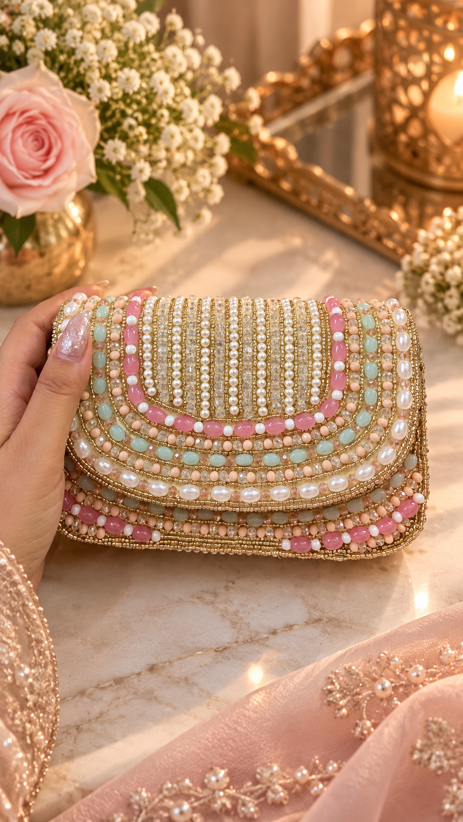 Pastel Pearl & Beaded Embellished Handbag
