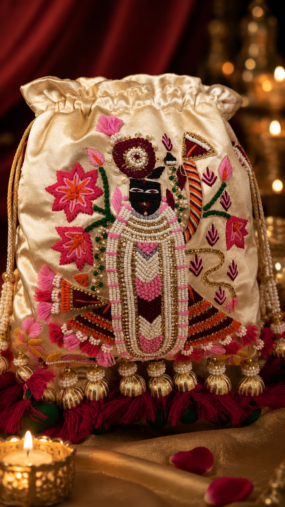 Shreenathji Embroidered ivory-gold Potli