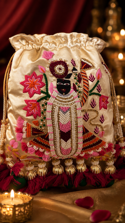 Shreenathji Embroidered ivory-gold Potli