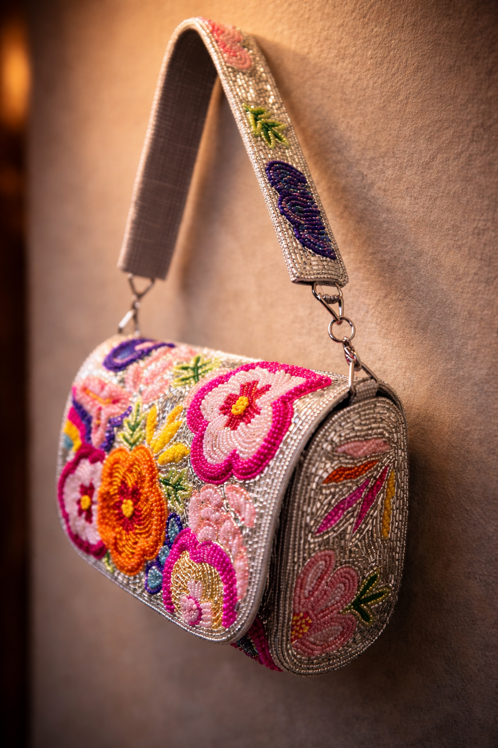 Silver Floral Hand-Beaded Shoulder Bag