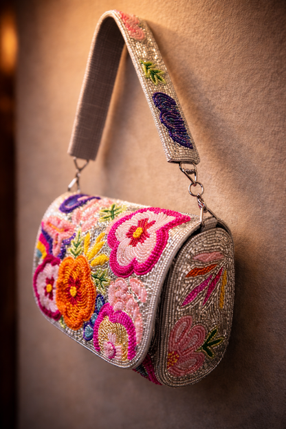 Silver Floral Hand-Beaded Shoulder Bag