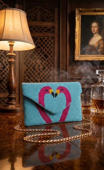 Aqua Flamingo Beaded Envelope Bag