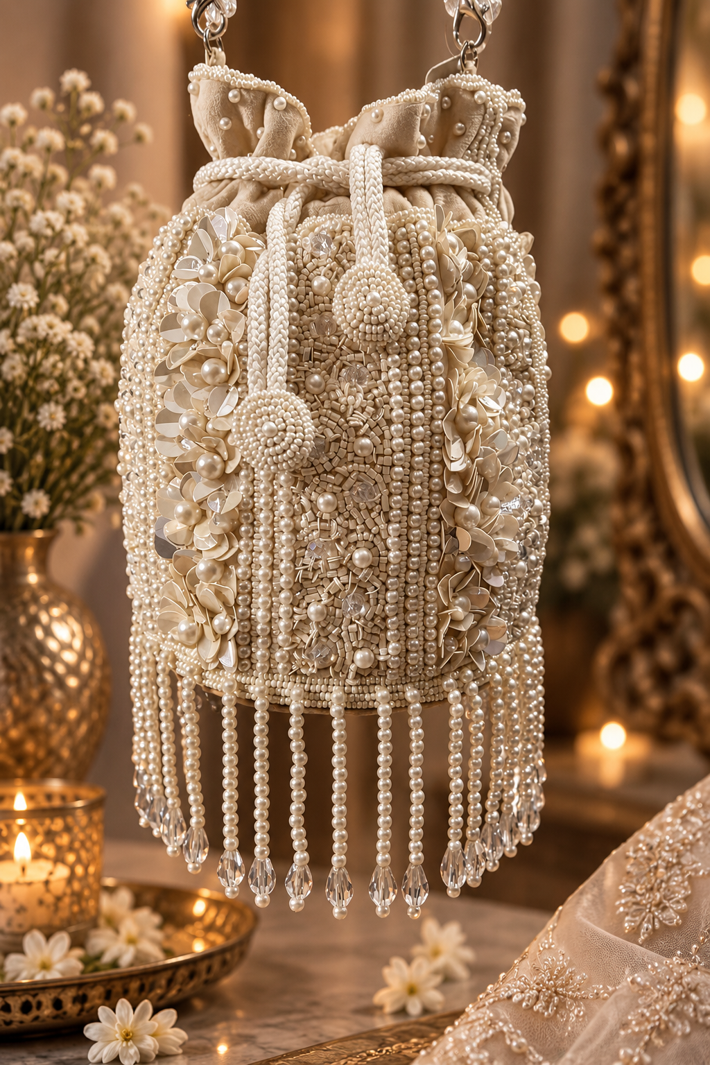 Ivory Pearl Cascade Potli Bag