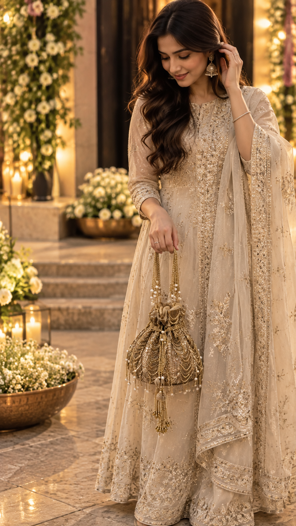Golden Pearl Cascade Handcrafted Potli Bag