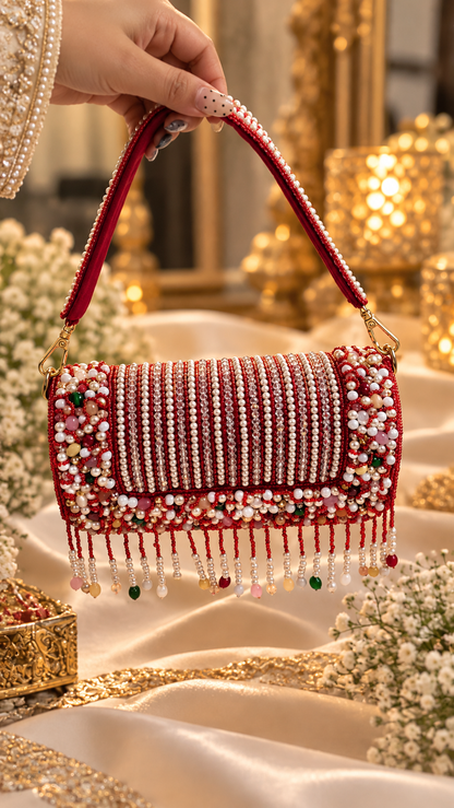 Ruby Royale – Handcrafted Pearl & Beaded Embellished Handbag
